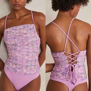 Free People Pink Floral Butterfly Milkshake Lace Up Thong Bodysuit